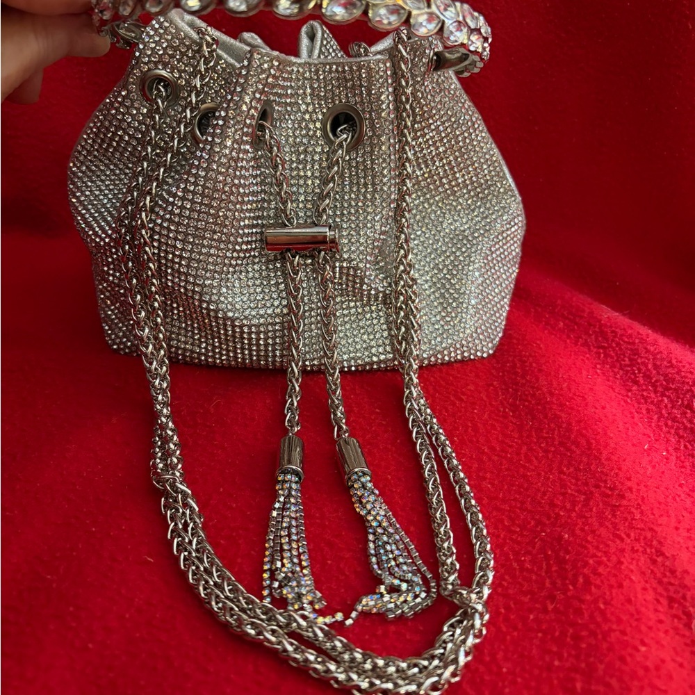 Silver Rhinestones Drawstring Mini Bucket Bag - Picture 2 of 8